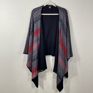 Ming Wang Gray Red Black Chevron Open Front Knit Wrap Shawl Sweater Chic OS